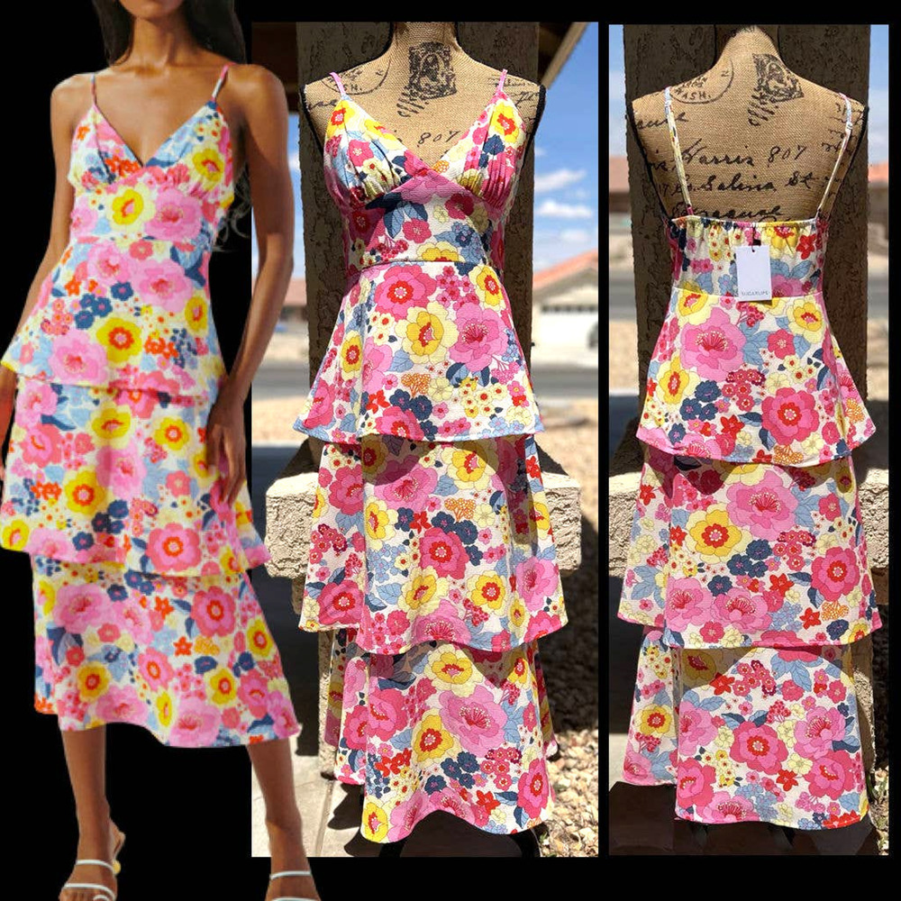 Sugarlips Summersalt Floral Yanni Ruffle Tiered Midi Dress Size L